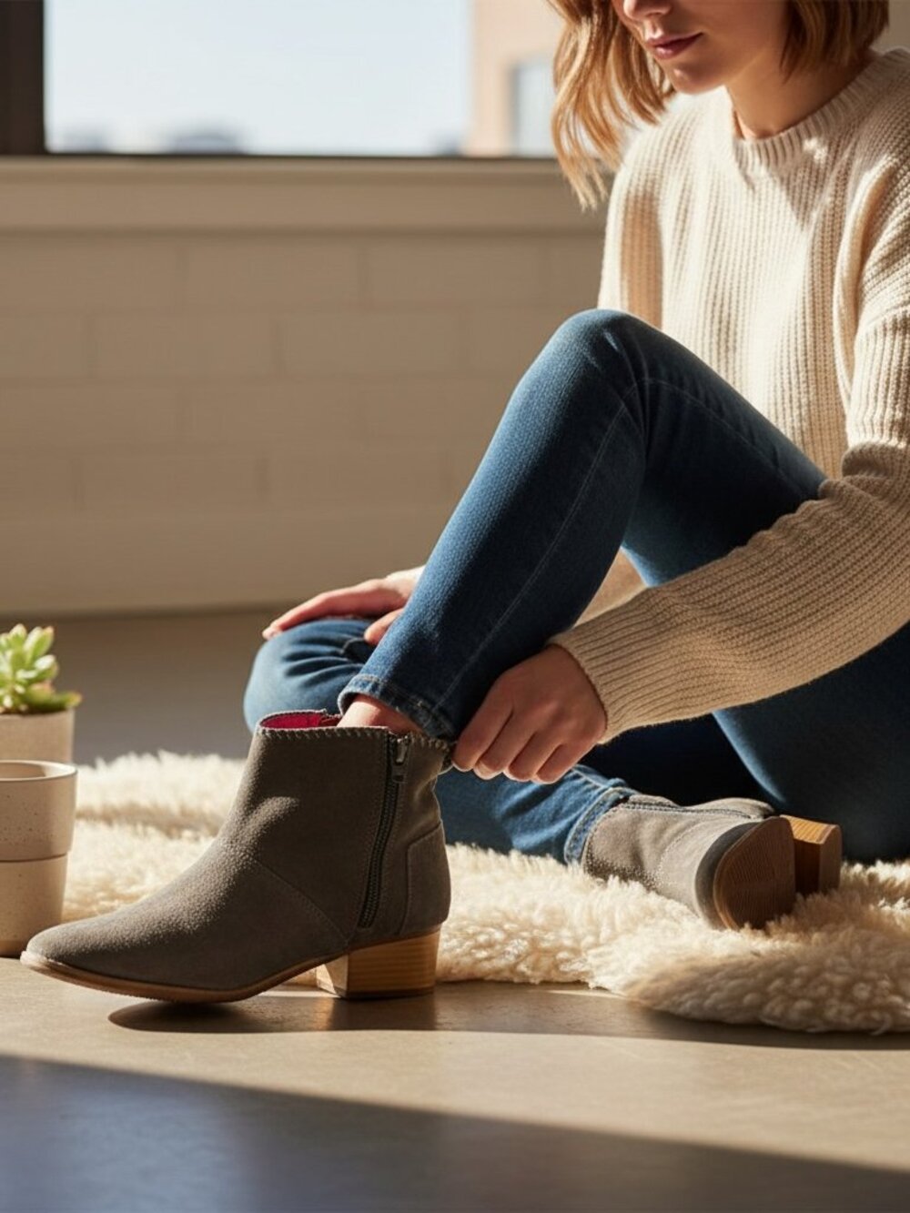 Toms Suede Side Zip Ankle Boots Block Heel Sz 6*‎ (fit 7) Gray 269C